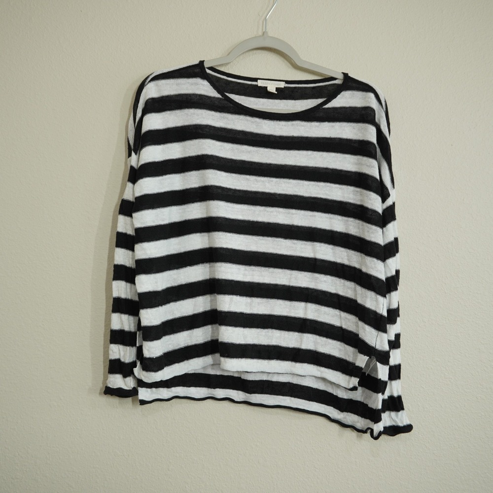 Eileen Fisher XS Organic Linen Striped Sweater Black White Relaxed Fit Lagenlook